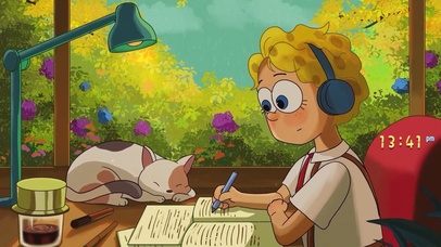 治愈雨天窗边学习的男孩