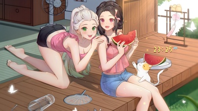 夏日庭院吃瓜少女