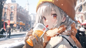 雪天少女喝饮料