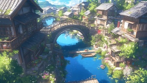 温馨桥边村庄