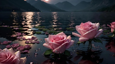 月夜湖上玫瑰