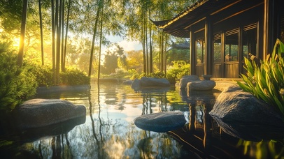 夏日竹林庭院池塘