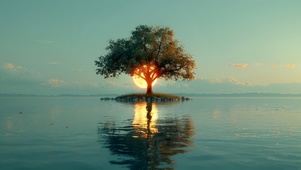清晨湖中小树