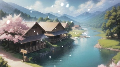 春日河边古风小村落