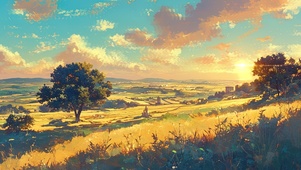 黄昏金黄的乡村草坡