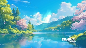 蓝天白云樱花树木景色