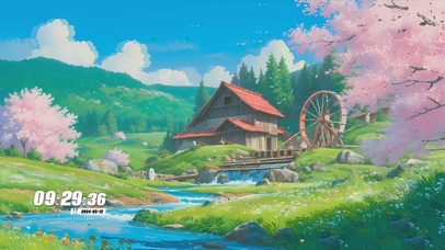 蓝天白云树木河流景色