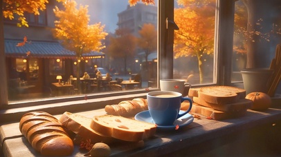 窗边的面包和咖啡