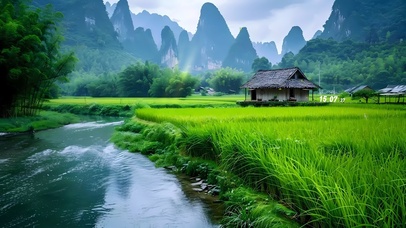 4k青青稻田溪水