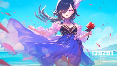 紫发美女海边漫步