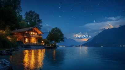 唯美夜晚湖边度假屋