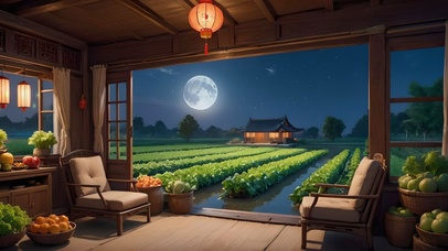夜晚窗外的农田小屋