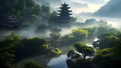 云雾环绕的山川阁楼