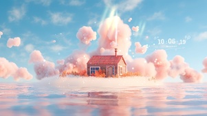 秋季棉花云湖心小屋