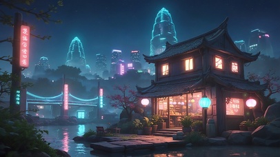 夜晚河边中式赛博小店