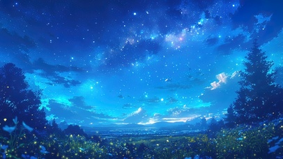 唯美治愈星空下的萤火虫草地森林