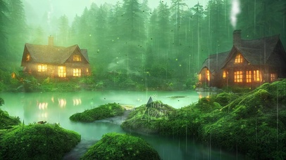 雨天森林房屋雾气景色