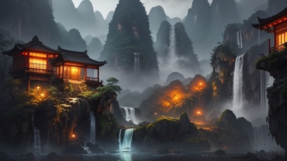 阴天雨中的古风山水