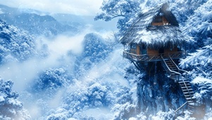 悬崖木屋雪景