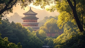 远眺森林古建筑之美