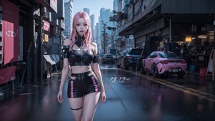 雨天街道粉发皮裤美少女