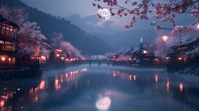 夜空湖水樱花落 