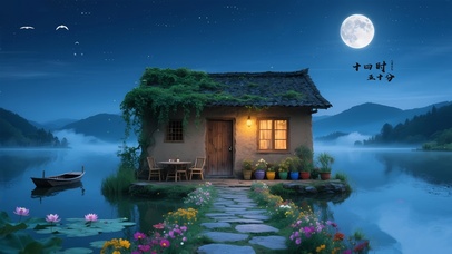 古风江边月夜小屋