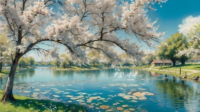 唯美湖边樱花树