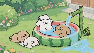 西瓜池戏水的线条小狗