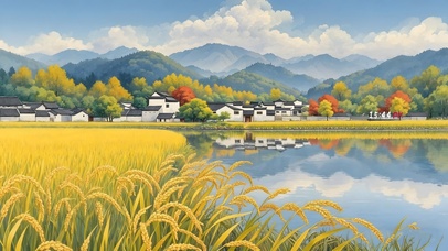 秋天的稻田小镇