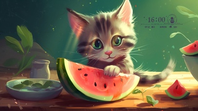 顽皮的小猫吃西瓜