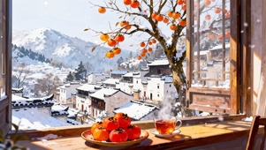 冬日窗外的柿子树