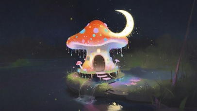 夜晚月亮蘑菇小屋