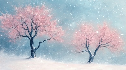 静谧冬日雪花粉色小树