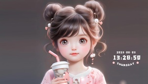 喝珍珠奶茶的小女孩