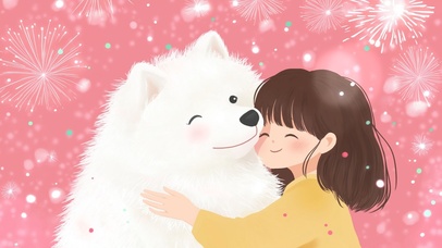 治愈粉色小女孩萨摩耶狗狗治愈