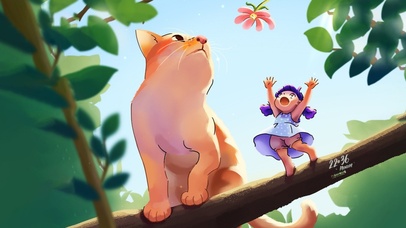 树上的猫咪和小女孩