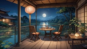 屋内喝茶赏月