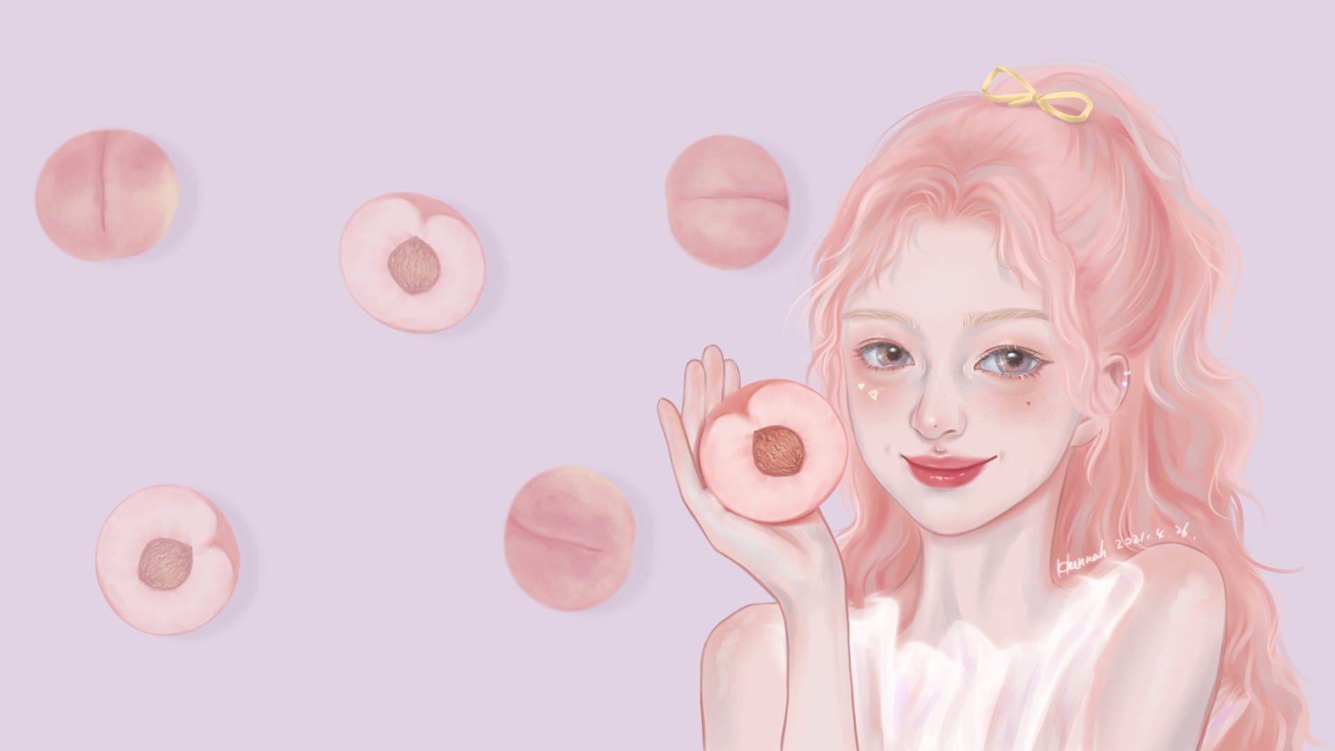 唯美插画：佩戴黄色蝴蝶结的粉发女生手持半颗水蜜桃，周围悬浮多颗切半与完整的水蜜桃，淡紫色柔和背景