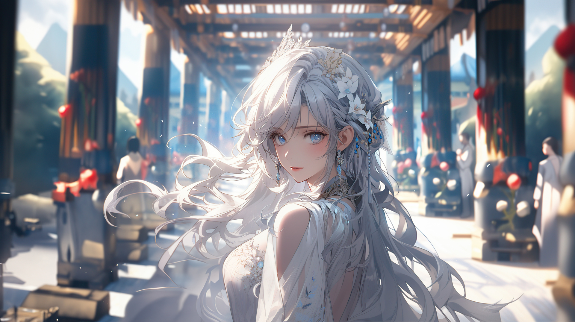 银发蓝眸二次元少女古风回廊回眸插画