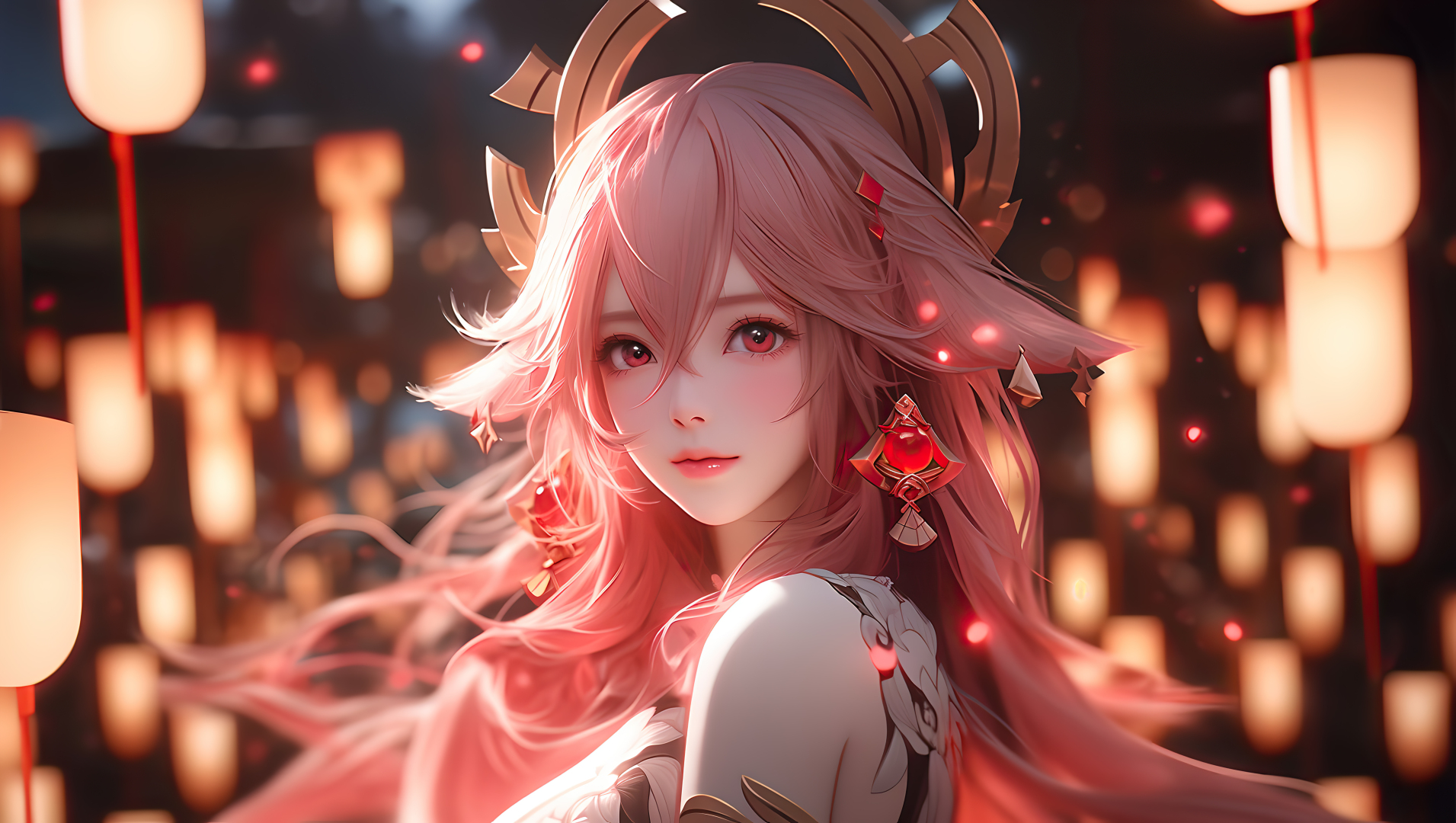 粉发红瞳的长发少女回头回望镜头，背景是满布暖光灯笼的朦胧夜景