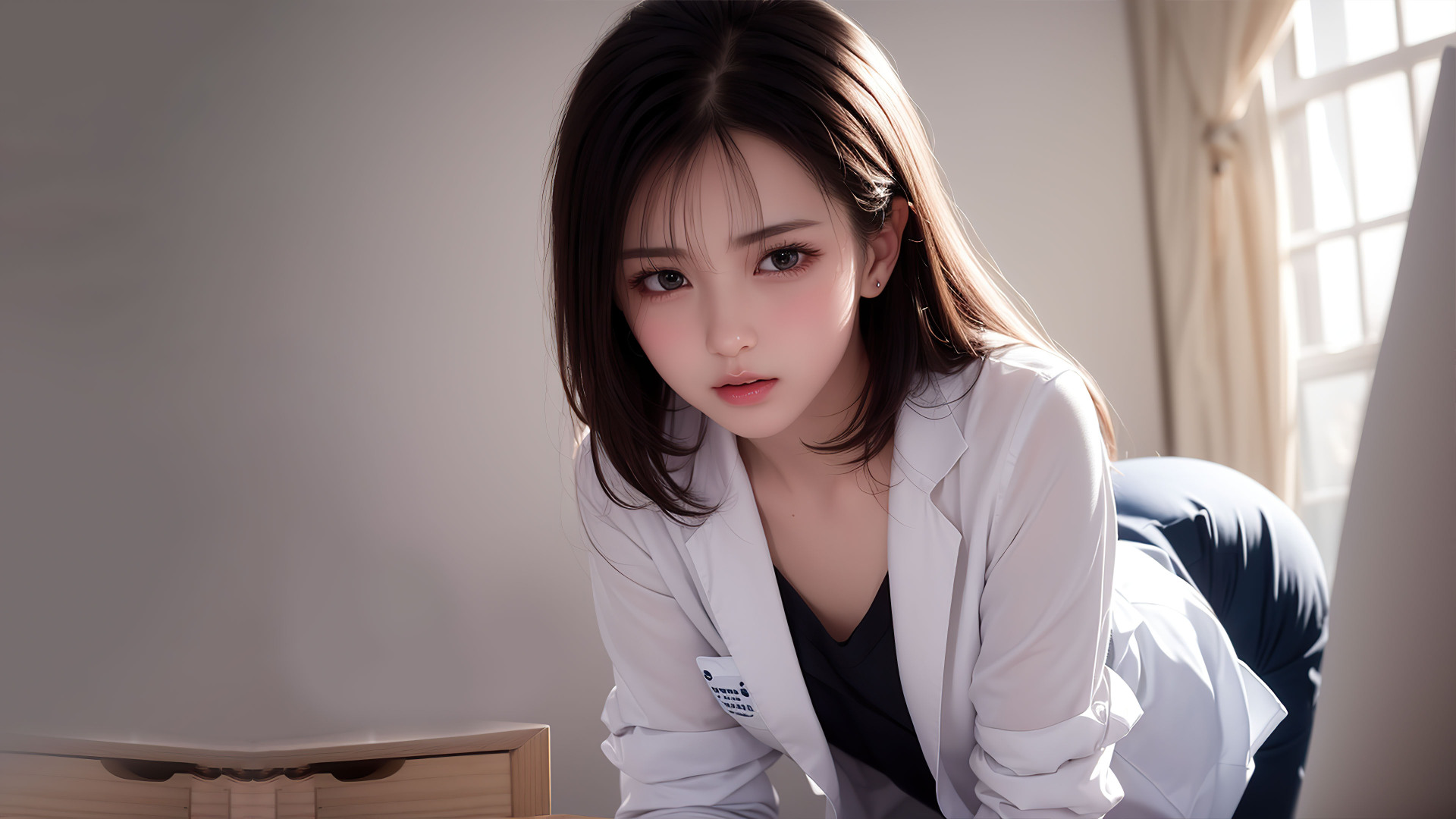 近景白大褂短发女生，右侧窗边暖光洒落