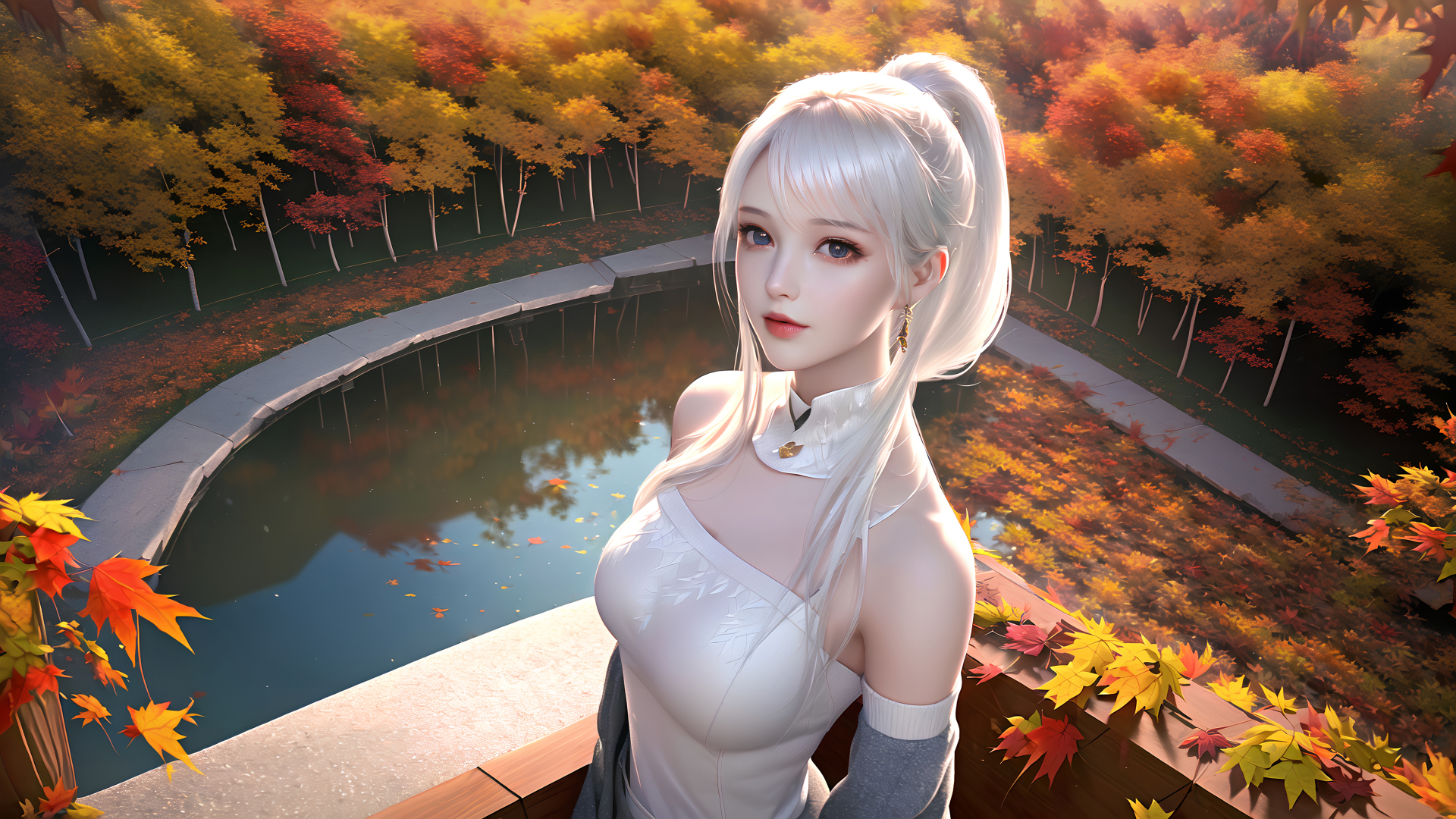 银白高马尾少女站在石池边，身旁石沿散落红黄枫叶，后方是橙红金黄的秋日枫树林。