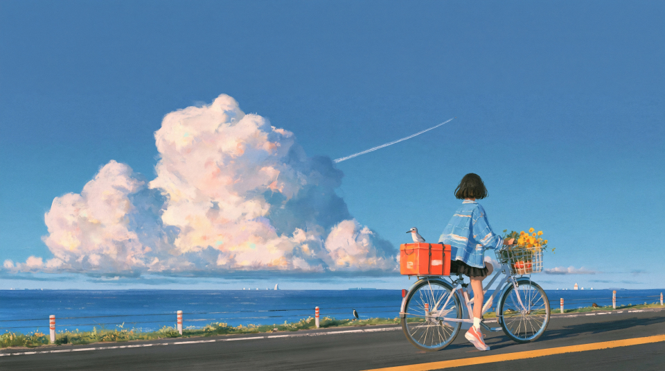 夏日海岸骑行少女