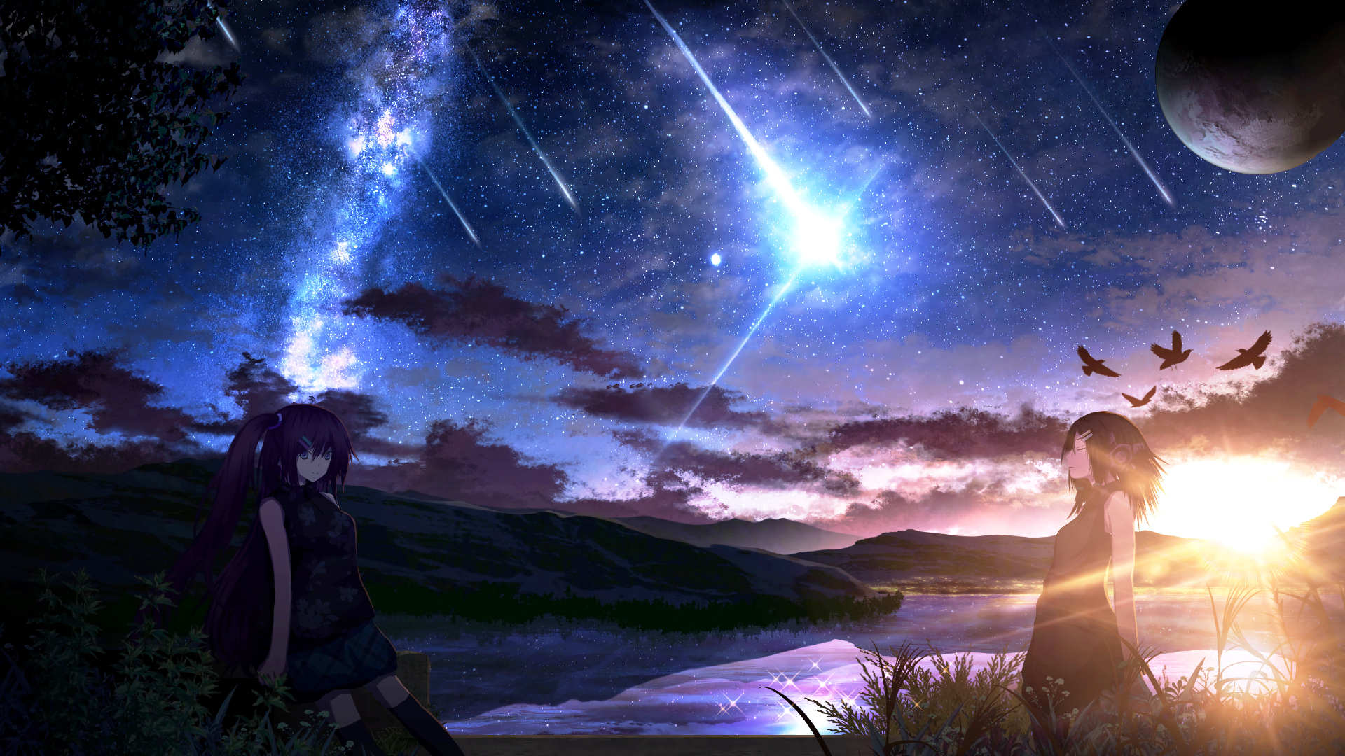 紫发双马尾少女与耳机短发少女隔湖相望，夜空布满银河流星，湖畔远山衬着落日光晕。