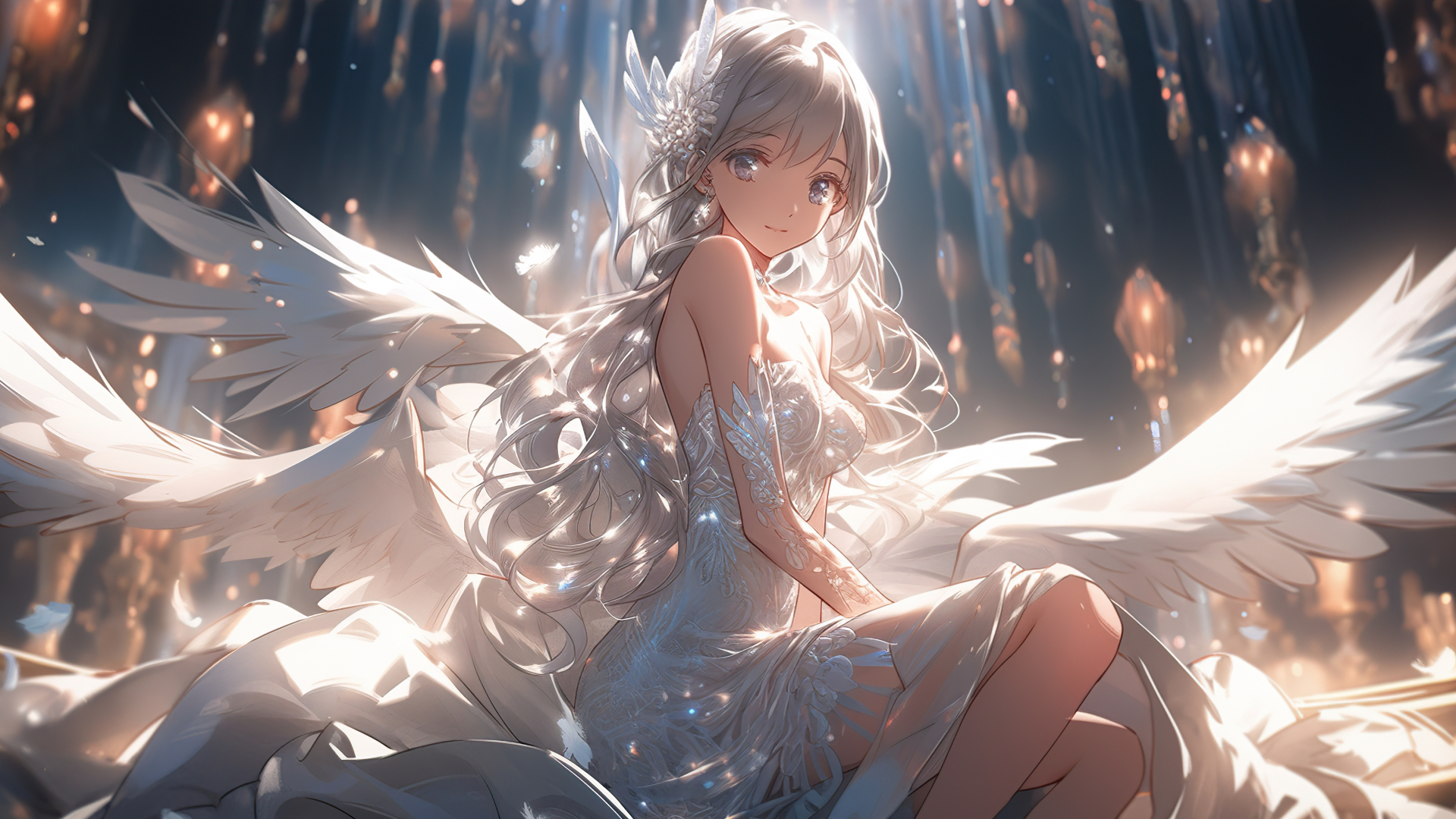 身着白裙、生有多对舒展白色羽翼的银发二次元少女，坐于带有暖橙金散景光斑的暗调室内场景中。