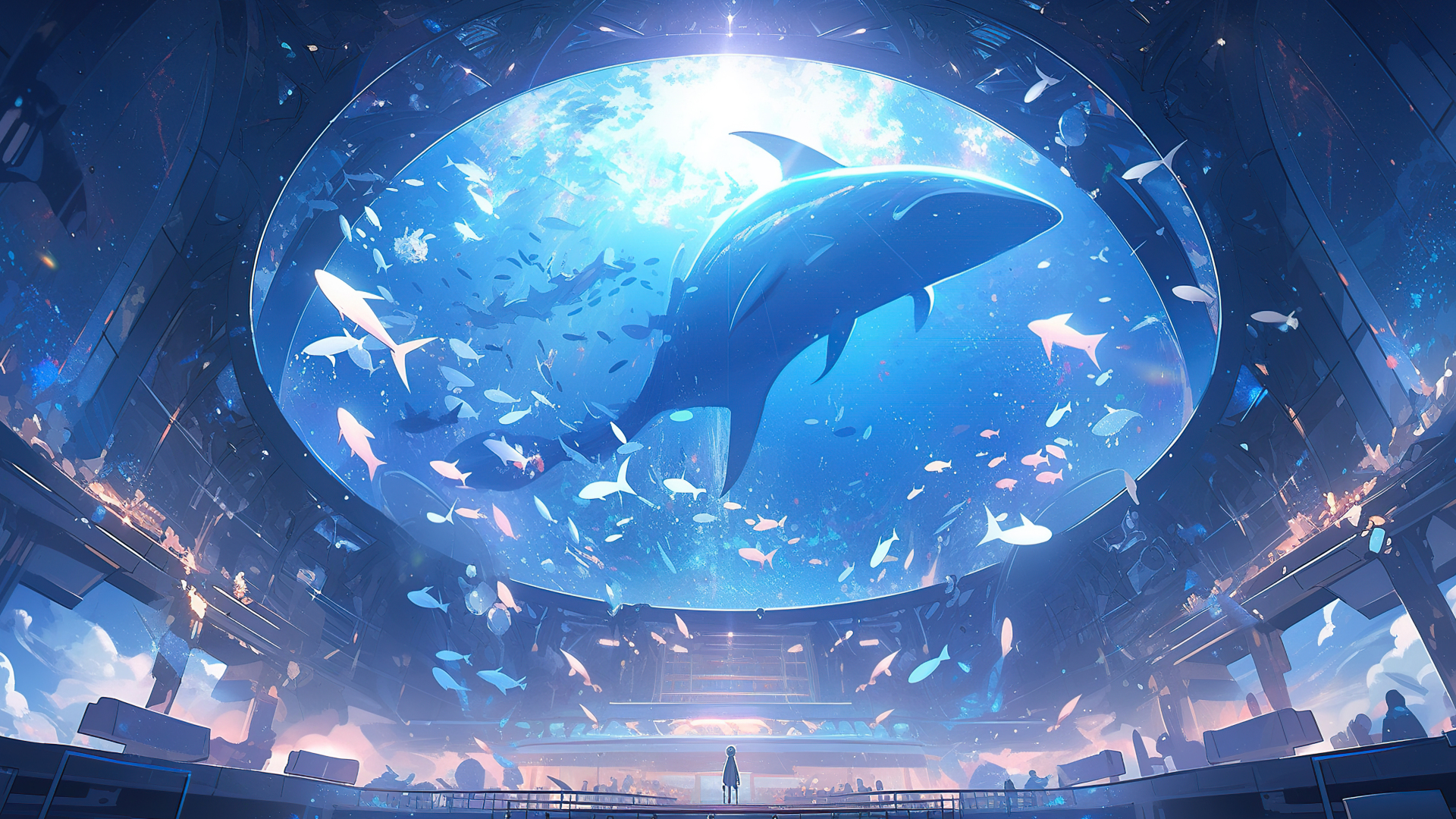 巨型穹顶水族空间内，蓝色水体里游弋着巨鲸与各色小鱼，底部平台上立着一名孤立的人物。