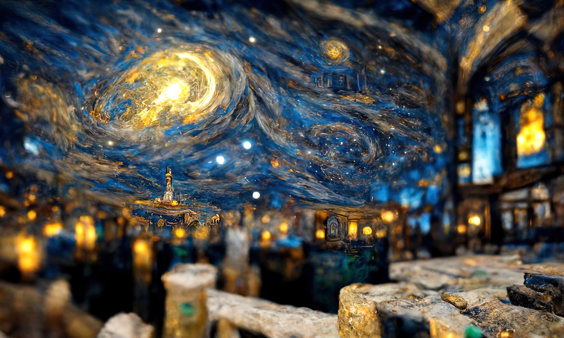 蓝金漩涡星空下的朦胧小镇夜景油画