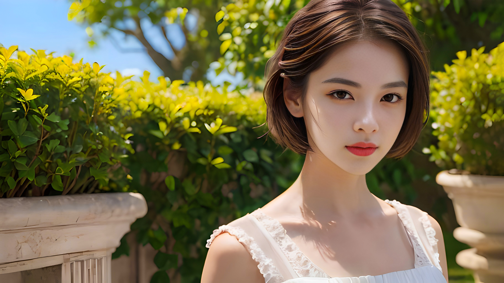白蕾丝吊带短发女性站在暖光花园绿植旁，背景虚化清晰突出人物。