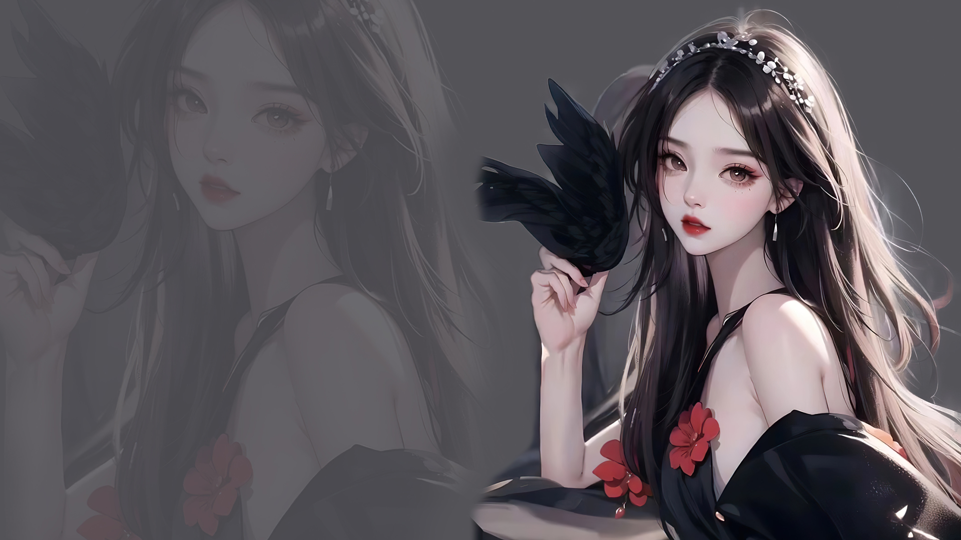 暗灰背景下持黑羽的黑发少女，左侧叠放半透明同形象肖像